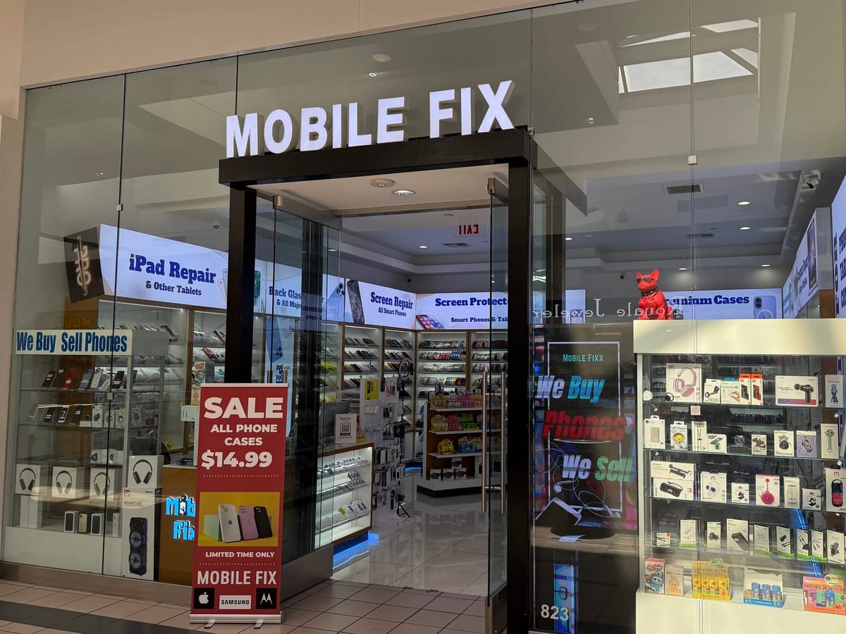Mobile Fix storefront at Plaza West Covina mall, phone and tablet repair shop
